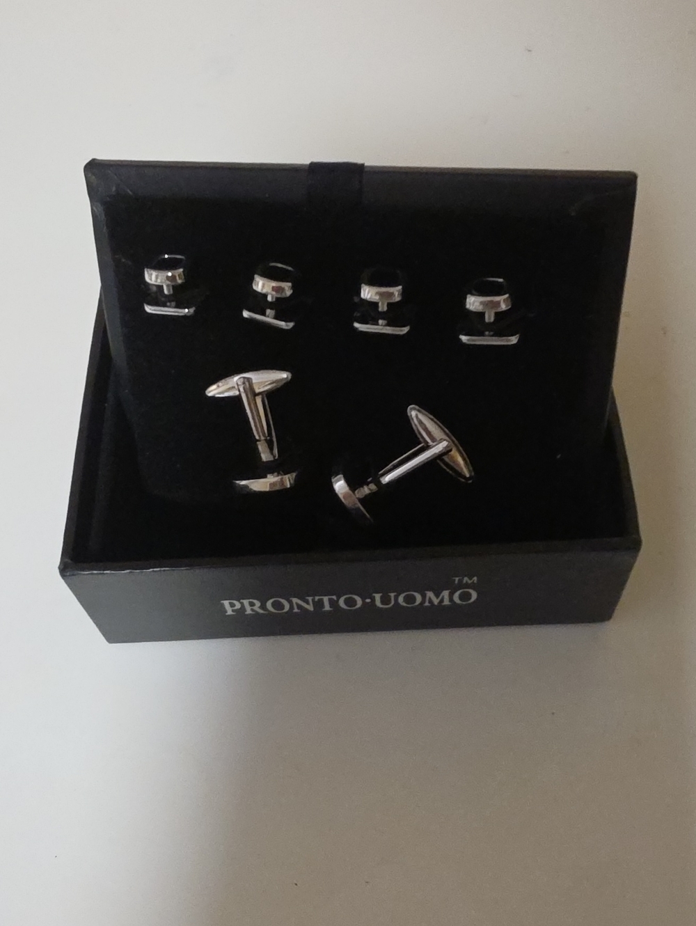 Pronto Uomo Silver and Black Round Cufflinks with Matching Studs